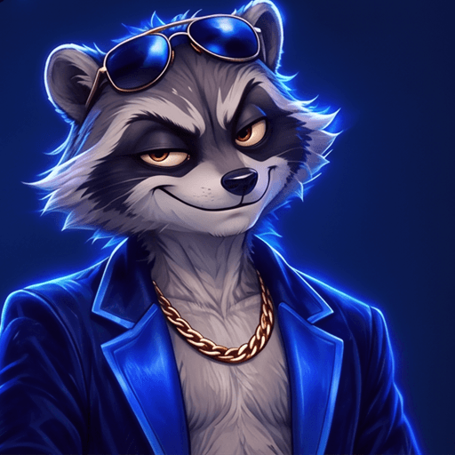The house raccoon, smirking in a velvet jacket and gold chain